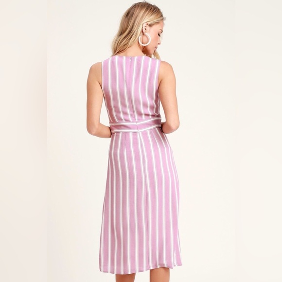 LULU'S Dresses Jacqui Lavender And White Striped Button Front Midi Dress - Picture 2 of 14